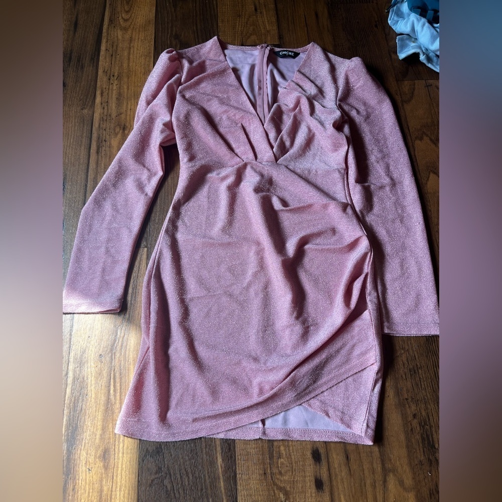 CHICME pink ruched sparkly dress - long sleeve, cocktail, glittery, stretchy